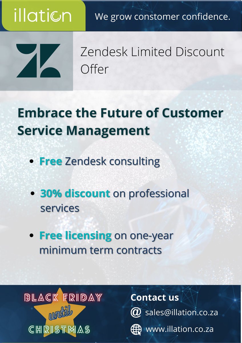 IllationZA's tweet photo. Get your #customerservice ready for the new year with #Zendesk's powerful capabilities at #discount prices.

Contact us to learn more about our amazing offers this holiday season.

#BlackFriday2020 #BlackFridayDeals  #illation #customerexperience #digitaltransfomation https://t.co/yuEwfAZB6K