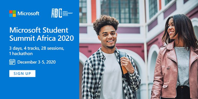 MSAmbassadorsKE's tweet photo. Have you registered for Microsoft Student Summit Africa 2020 yet? If not, head over to https://t.co/XONUgK0anz, for the full event details and registration.

#MSSA2020 #MSAmbassadors @IamPablo @mlsanigeria @MicrosoftADC https://t.co/rCc05J9HMO