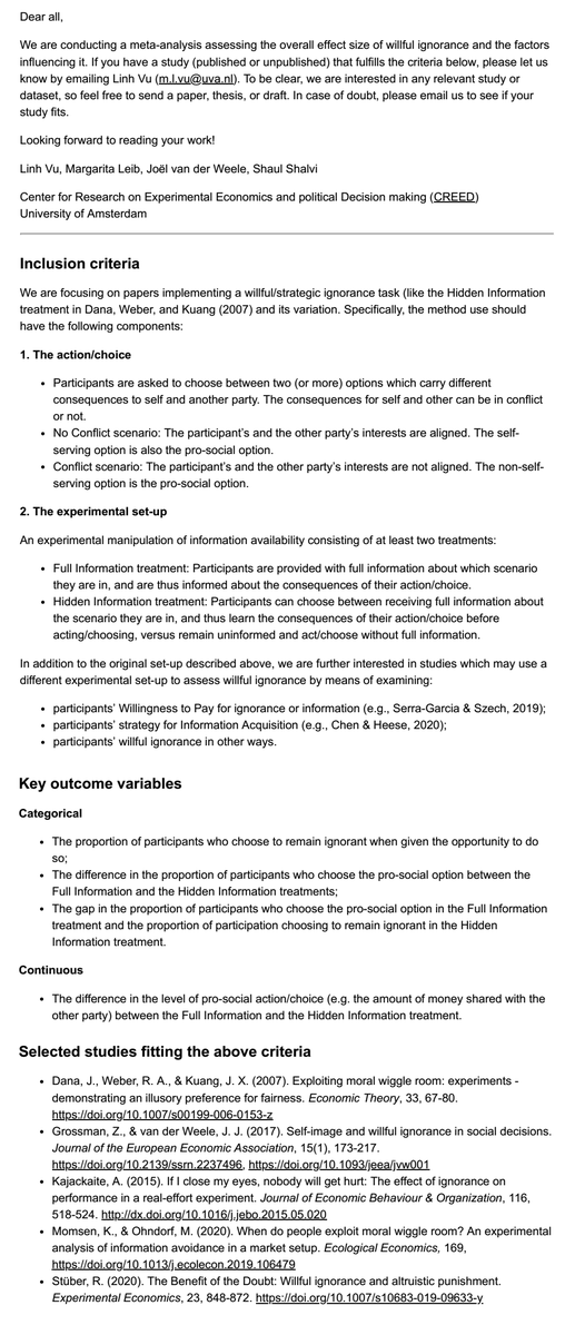 easpinfo's tweet photo. Meta-analysis: Seeking studies/datasets on willful ignorance; Deadline: December 18th, 2020. Contact Linh Vu (m.l.vu@uva.nl) if you can help out. #metanalysis #callfordata @JoelvdWeele @Shaul_Shalvi @UvA_Amsterdam https://t.co/vY0CEqr6nW
