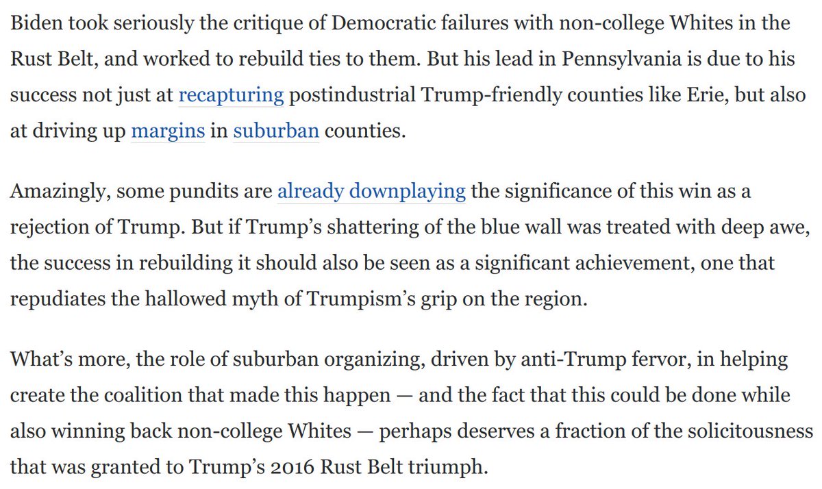 @RadioFreeTom When Trump shattered the Blue Wall, pundits treated this with mystical reverence for years, as if his alleged grasp of Neglected Real America was a quasi-paranormal phenomenon. Will see see even a fraction of this doting on the flipping of this script? washingtonpost.com/opinions/2020/…