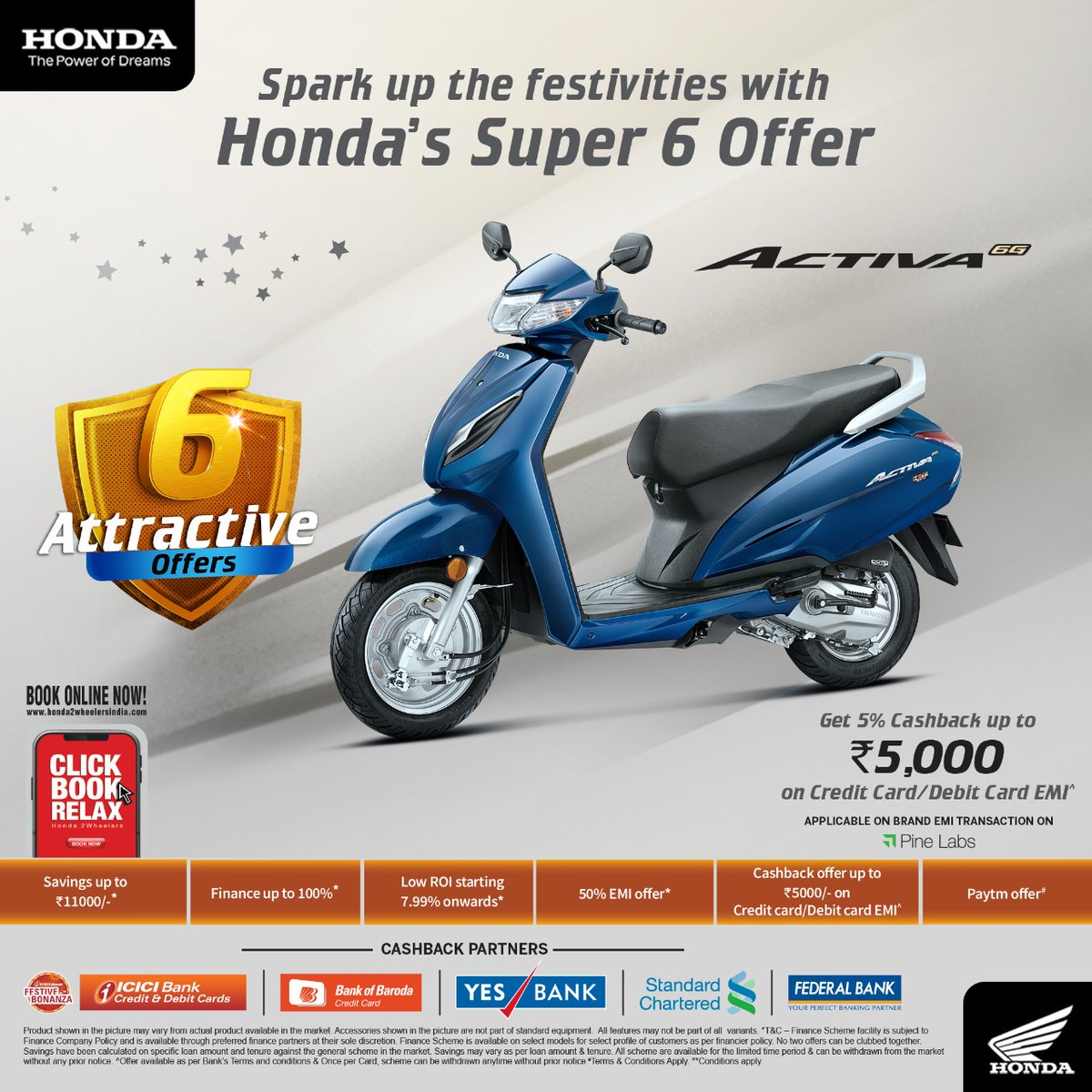 honda2wheelerin's tweet photo. This festive season, bring home the Honda Activa 6G and avail exciting offers! #ClickBookRelax as you book your favourite Honda scooter online today. To book online now, please visit https://t.co/npyA8qp7Vj. #6ChangesTheGame https://t.co/A9D2JHmz0q