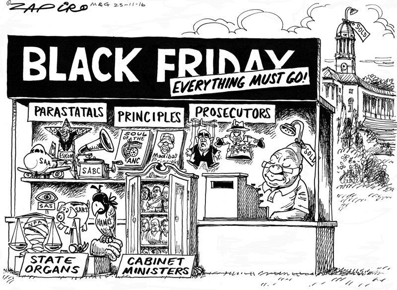 Black Friday frenzy is back! Zapiro's archival cartoon <a href="/mailandguardian/">Mail & Guardian</a>  ( 23 Nov 2016) when everything in South Africa was up for sale under Zuma's presidency <a href="/PresJGZuma/">Jacob G Zuma</a>  - zapiro.com/161125mg