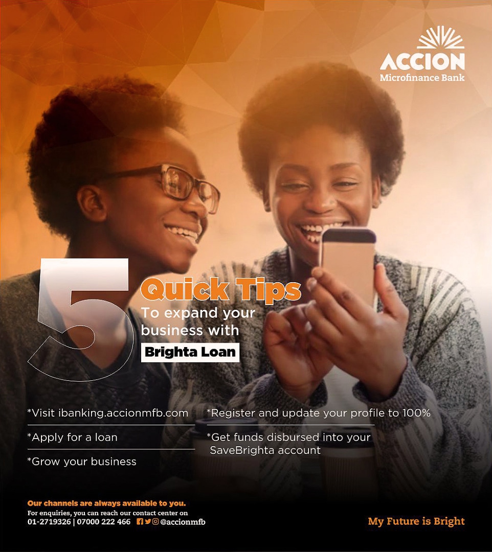 Quick tips to boost your business!

Download the Accion MfB Mobile App to apply.

Click either of the links below to get started 

Google Play Store - play.google.com/store/apps/det…

Apple App Store - apps.apple.com/ng/app/accion-…

#AccionMfB
#growyourbusiness 
#business