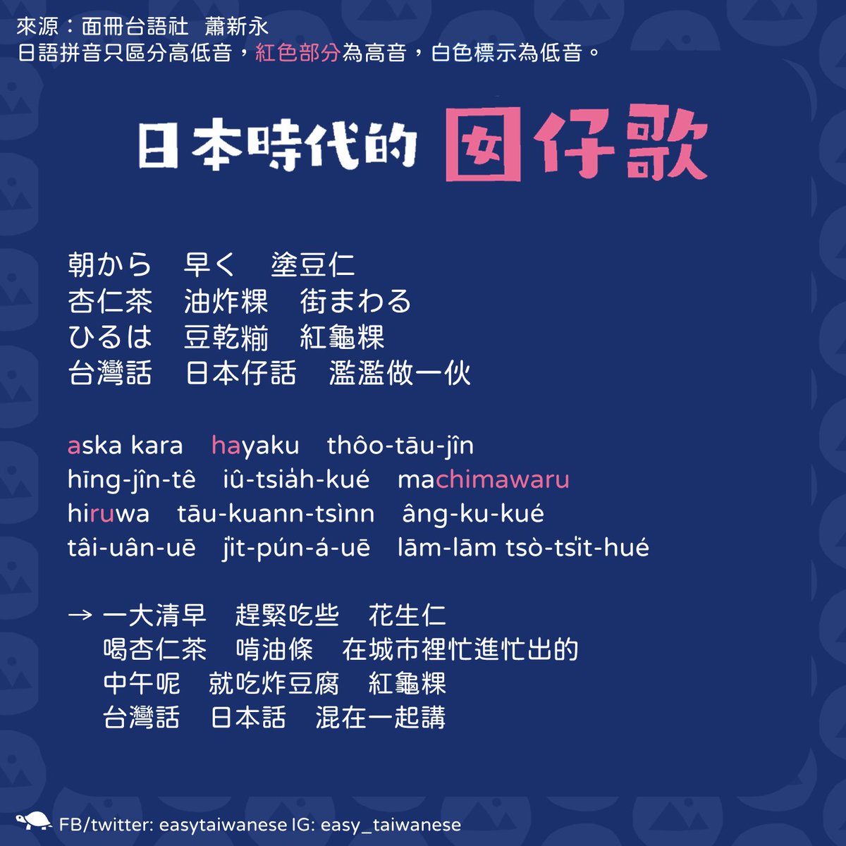 台語tsin袂輾轉 على تويتر 日本時代的囡仔歌星期五輕鬆一下 來感受一下當時日語和台語是怎麼並存的 日語跟台華語一樣 都是聲調語言 但日語原則上只區分相對高低音 日語聲調以現代標準語為準 日本時代の子どもの唄の歌詞です 日本語と台湾語のことばが