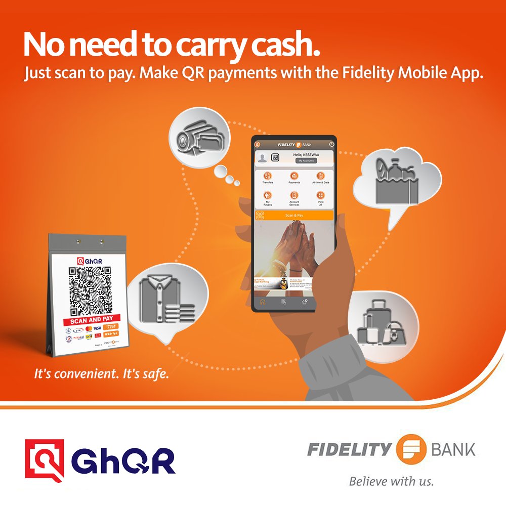 fidelitybankgh's tweet photo. Forgot your wallet? Remember your phone also has a wallet. Simply scan to pay when you see the GHQR decal. https://t.co/mloxNphTQh