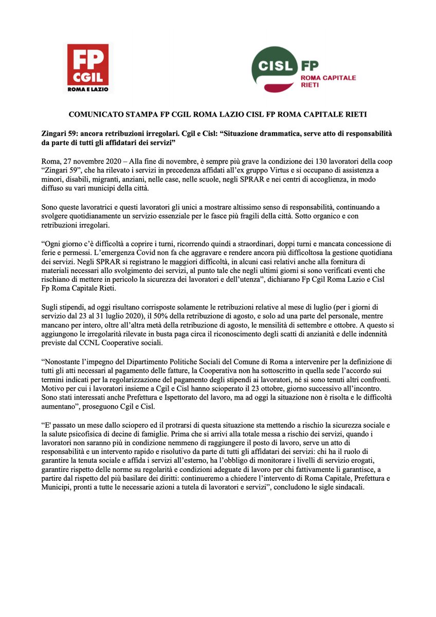 #Zingari59: ancora #retribuzioni irregolari. #Cgil e #Cisl: “Situazione drammatica, serve atto di #responsabilità da parte di tutti gli affidatari dei #servizi”

#ilmiolavorovale