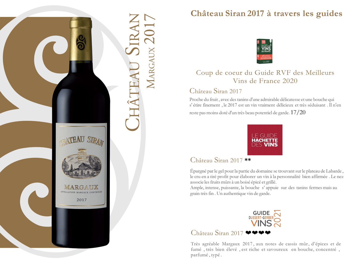 Jolies récompenses pour notre millésime 2017. Cela se confirme; 2017, notre meilleur en 7 depuis 1947. 
Merci @GuideHachette <a href="/LaRVF_mag/">La Revue du vin de France</a> <a href="/dussert/">dussertgerber</a> 
#chateausiran #vintage2017 #margaux #winetasting