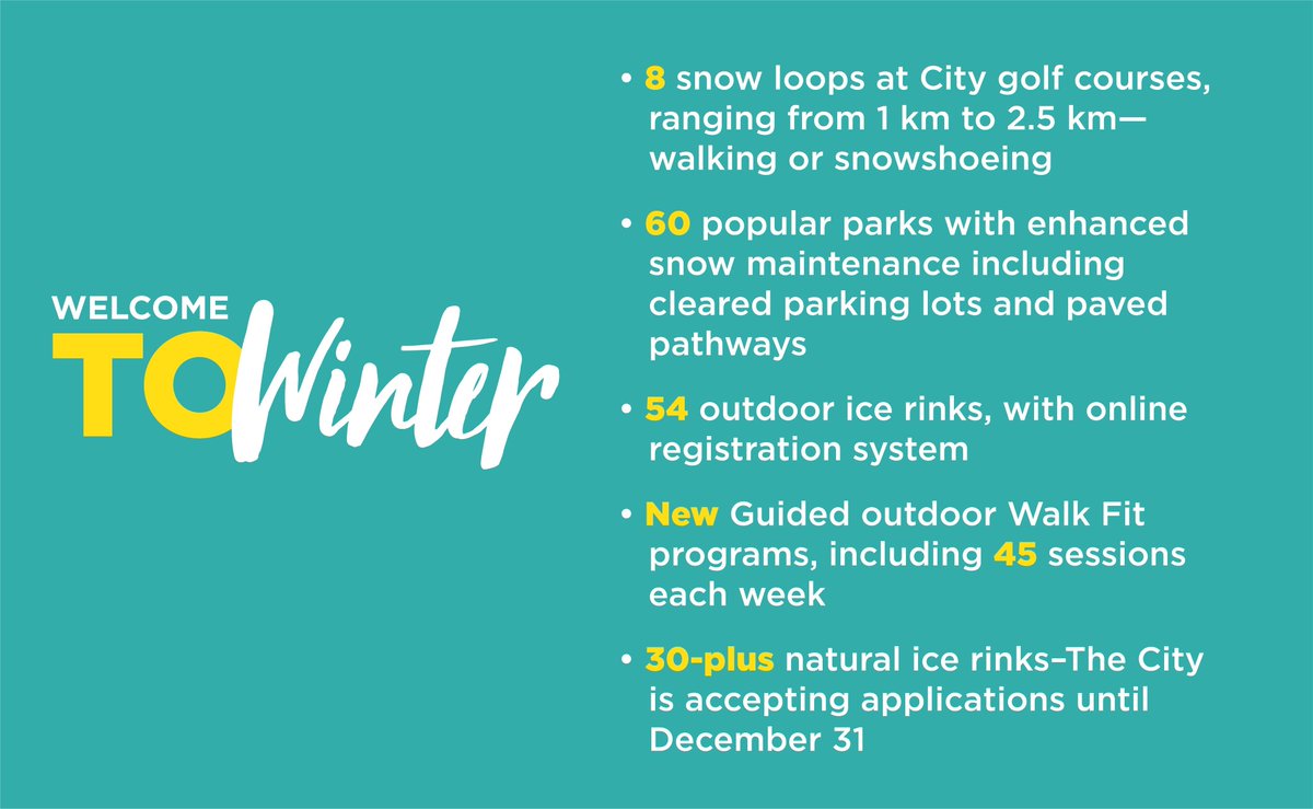 Toronto "Welcome TO Winter" includes 54 public skating rinks and 30 "natural" rinks, groomed walking and snow-shoeing trails and guided walk-fit programs. “ShowLoveTO Winter Activation Grant Program” to support commercial district placemaking. /3  https://www.cp24.com/news/here-s-a-list-of-outdoor-activities-that-will-be-open-this-winter-in-toronto-1.5204518