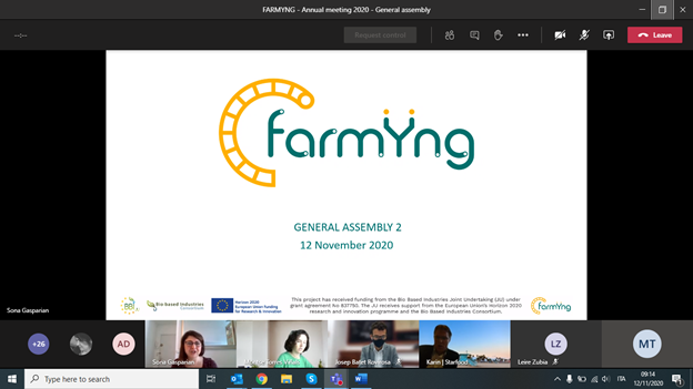 FARMYNG_EU's tweet photo. On 12th November 2020, FARMŸNG partners met online for the 2nd General Assembly.
The meeting was the occasion to analyse the progresses of the activities in each work package and plan the next steps to be taken.
https://t.co/8AwkSK9BLE #FARMYNG #verticalfarm #BBIJU #H2020 https://t.co/lPWTqeYiTw