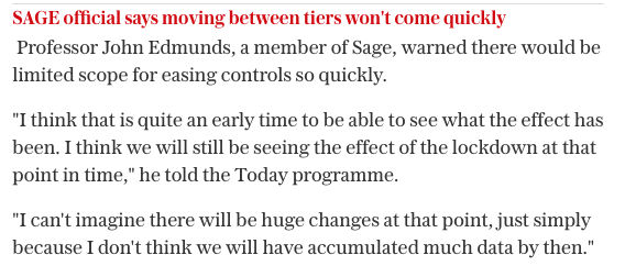 11/ Here's SAGE's John Edmunds telling us not to expect to go down a tier any time soon because he has to wait for the data to come in. No modelling this one, eh John?