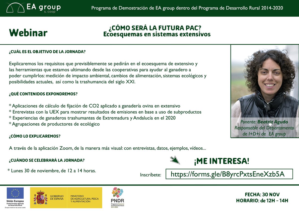 WEBINAR | Nueva PAC 

👩‍💻 Beatriz Agudo (responsable de I+D) hablará de la futura PAC y de los ecoesquemas en sistemas extensivos como los del ovino de carne 

🗓 Lunes 30; de 12 a 14h

INSCRIPCIONES 👉🏽 forms.gle/B8yrcPxtsEneXz…