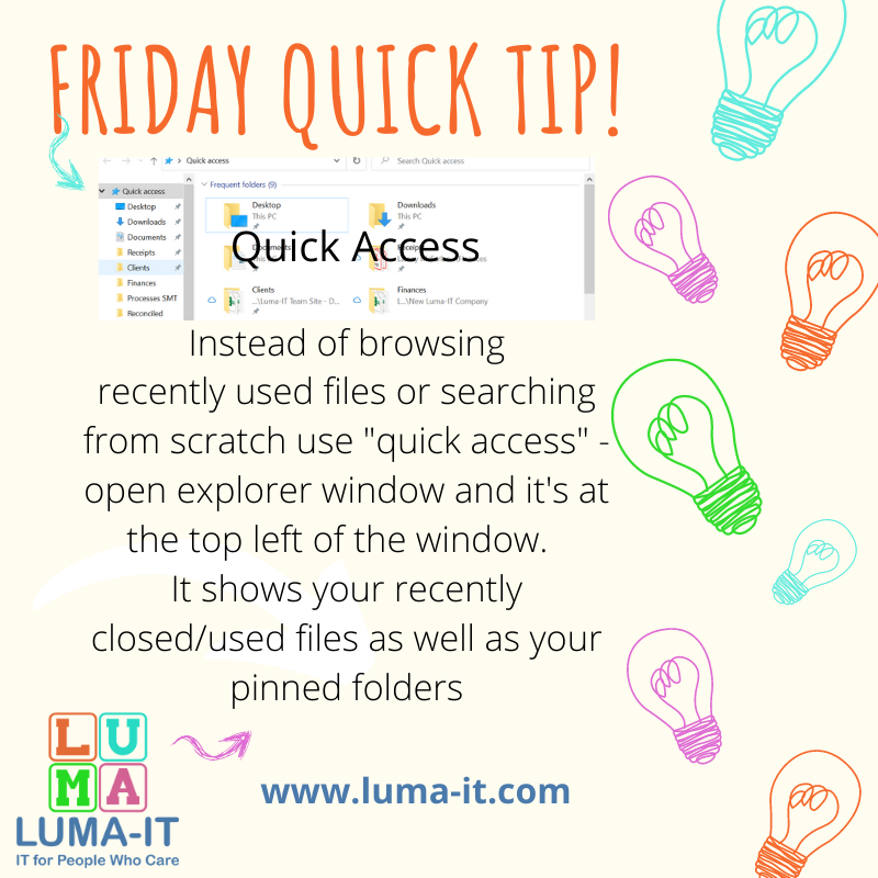 LUMA_IT's tweet photo. Its Friday!!
After another incredibly busy week here at Luma-IT we're bringing you a tip to find files much quicker!
Have a great weekend!
#fridayquicktip #windows10 #fileexplorer https://t.co/5GJYxUfFsO