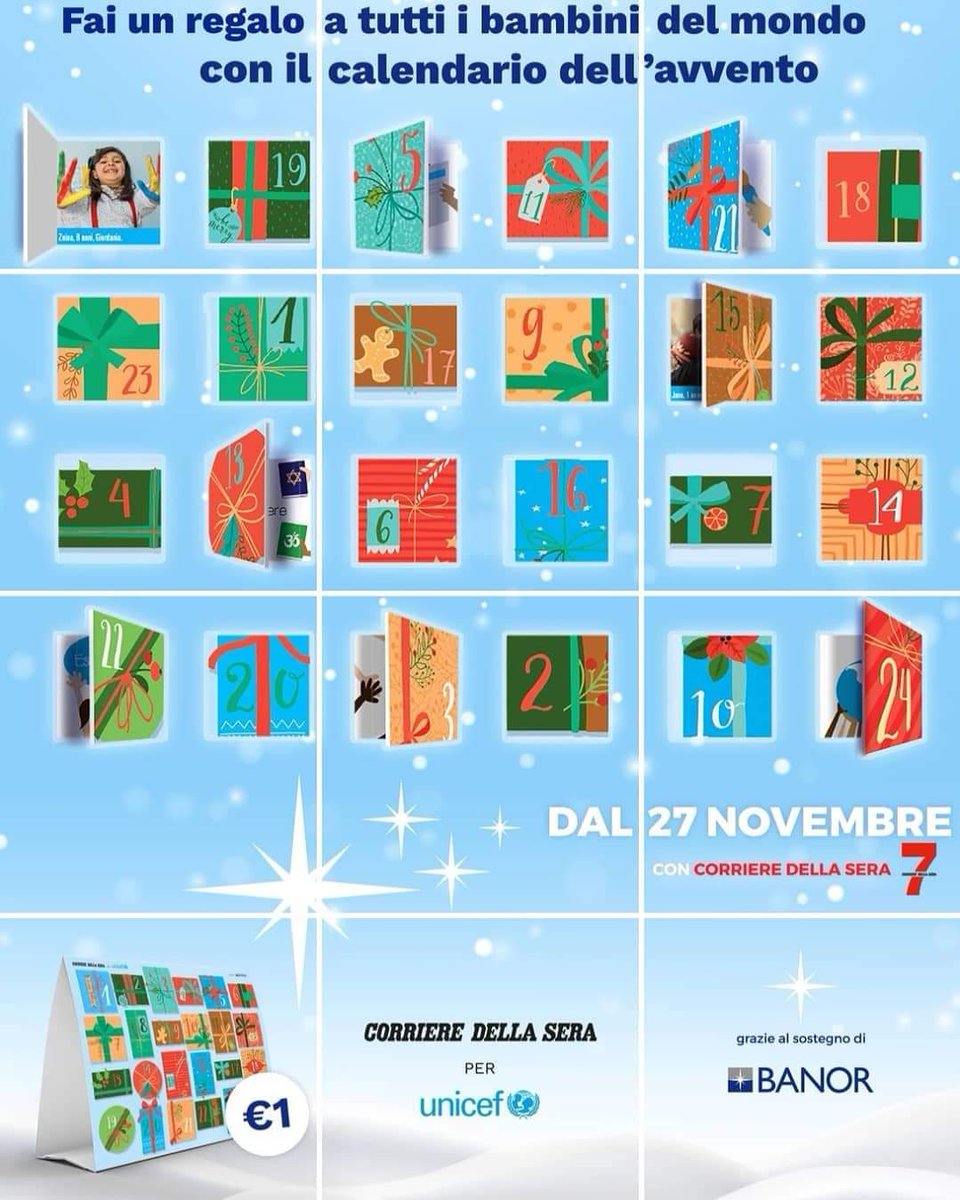 🔴🔵Il 27 Novembre in edicola, il #CalendariodellAvvento @BanorSim, insieme a @UNICEF_Italia con il @Corriere celebriamo i diritti dei bambini. Resterà disponibile in edicola per una settimana, con solo #1euro di contributo.🔴🔵 https://t.co/X9odcNynNA