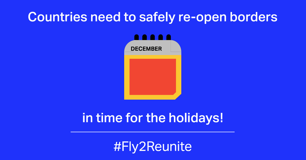 IATA's tweet photo. Holidays are just around the corner & separated loved ones should be able to #Fly2Reunite safely. โค๏ธโ๏ธ
Systematic testing is key to re-opening borders safely.
#LoveIsEssential #LoveIsNotTourism #Test4Travel https://t.co/gkCP9kxRg7