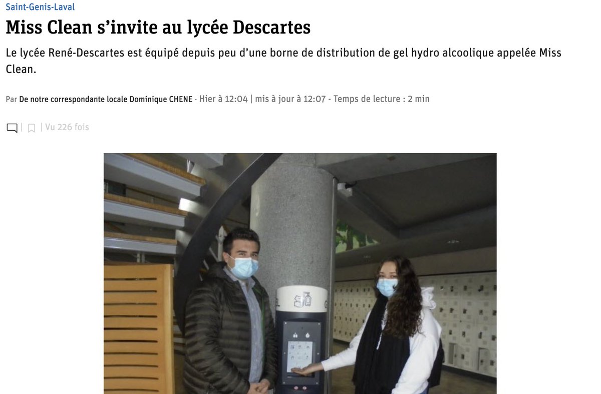 Article  <a href="/leprogreslyon/">Le Progrès Lyon</a> : Miss Clean s’invite au lycée Descartes <a href="/st_genis_laval/">Ville de Saint-Genis-Laval</a>. Distributeur hygiène des mains, prévu pour les lieux de grands passages #COVID19 #etablissementscolaires #hygienedesmains #missclean #protocolesanitaire #gestesbarrières 
leprogres.fr/education/2020…