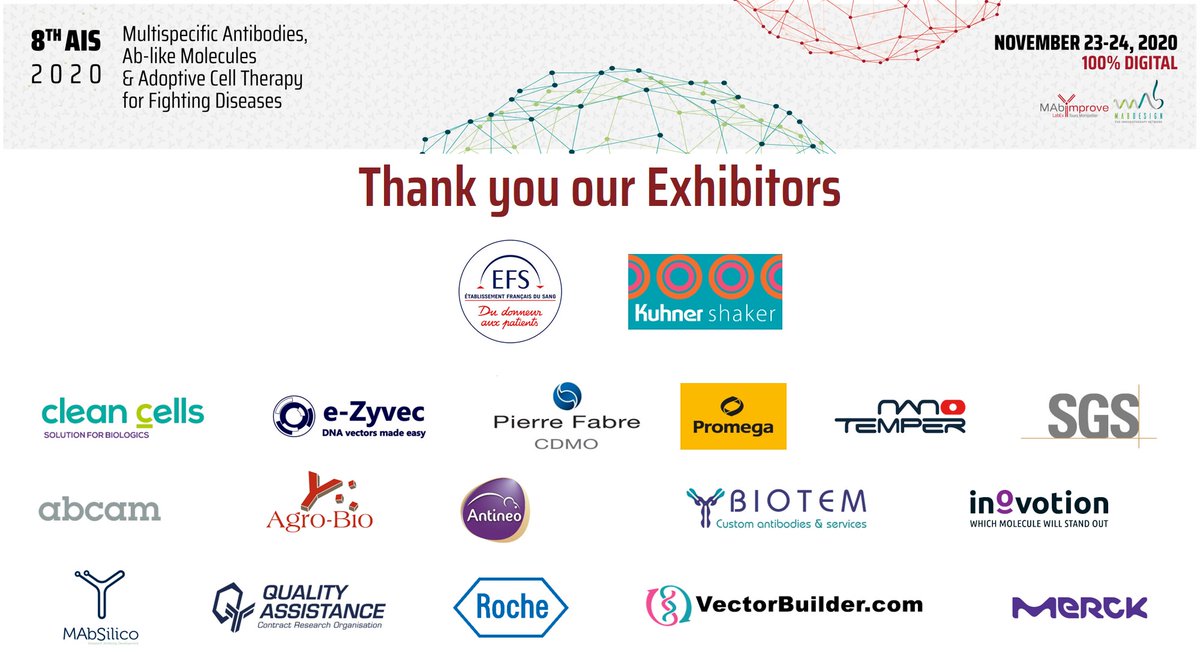 MabDesign_fr's tweet photo. #8AIS2020 - Thank you to all our Exhibitors : @efs, #Kuhnershaker , @CleanCells, @EZyvec, @PierreFabre, @PromegaFR , @NanoTemper , @SGSFrance,  @abcam, #AgroBio , #ANTINEO, @BIOTEM_Antibody , @INOVOTION @MAbSilico, @QA_Belgium , @Roche @VectorBuilder @merck_fr for their support ! https://t.co/KEQhxIgLUU