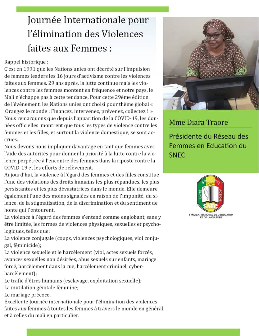 DoumbiaMry's tweet photo. Journée internationale pour l'élimination des violences faites aux femmes, le syndicat historique se prononce.
#snecmali https://t.co/Xu0t8N4mRL