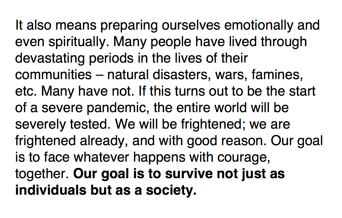 another recurring theme throughout sandman and lanard's recommended pandemic messaging — which is starkly absent from actual government messaging — is getting people to think socially instead of individualistically, and depend more on each other and less on government systems