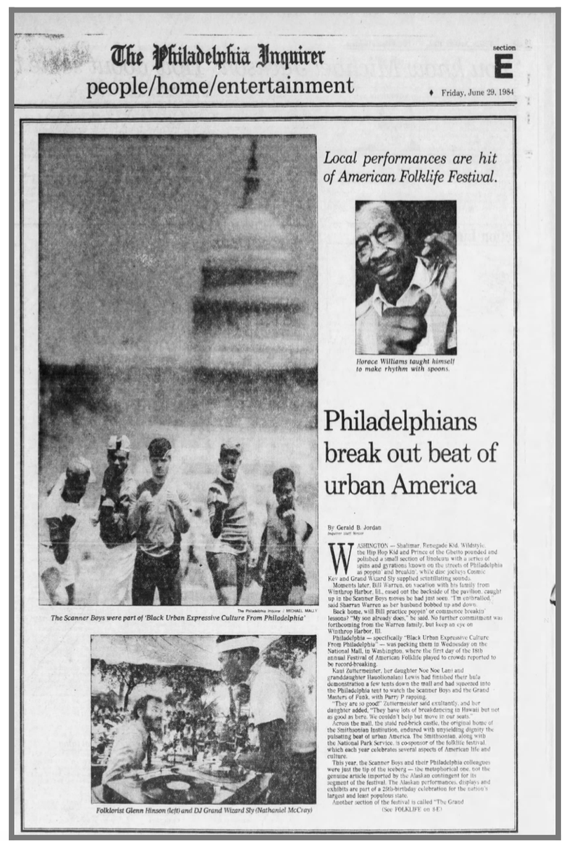 In the summer of 1984, a group of young Philadelphians performed as part of the Smithsonian's Festival of American Folklife. The Philly contingent consisted of the Scanner Boys b-boy crew and a young DJ Cosmic Kev.