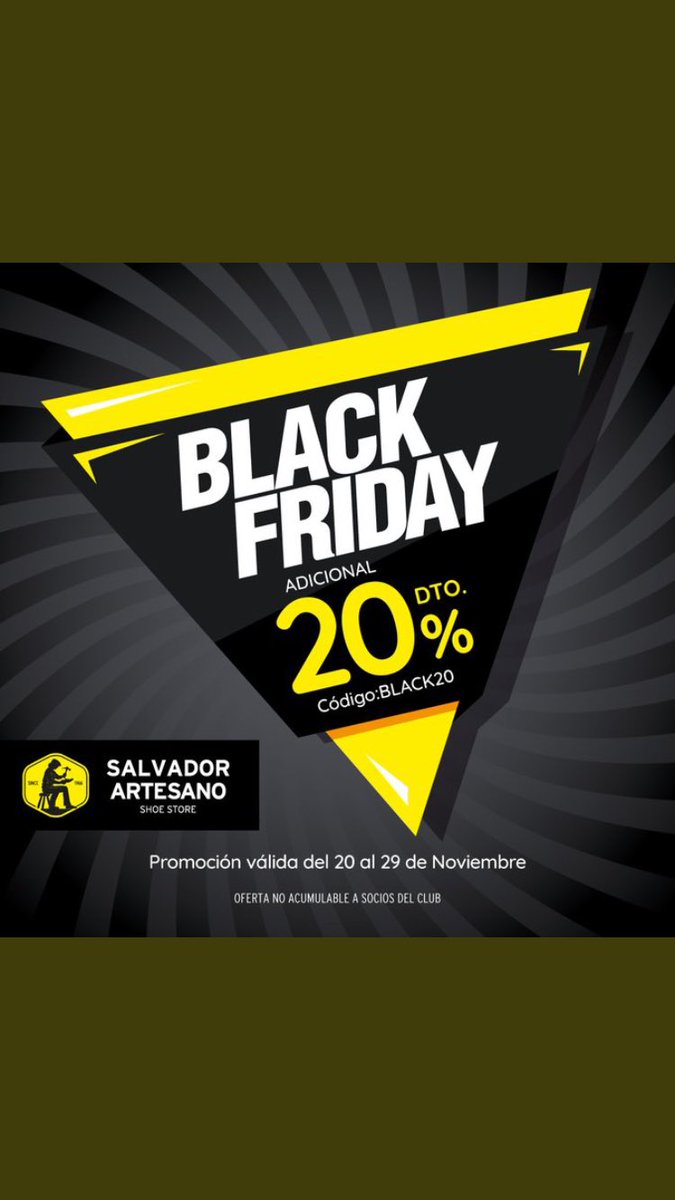 🚨 BLACK FRIDAY 🚨

No dejes pasar esta oportunidad única. Utiliza el cupón BLACK20 y obtén un 20% de descuento instantáneo 🙌 

salvadorartesanostore.com

#SalvadorArtesano #ClubSalvadorArtesano #Descuentos #Ventajas #Ahorro #BlackFriday