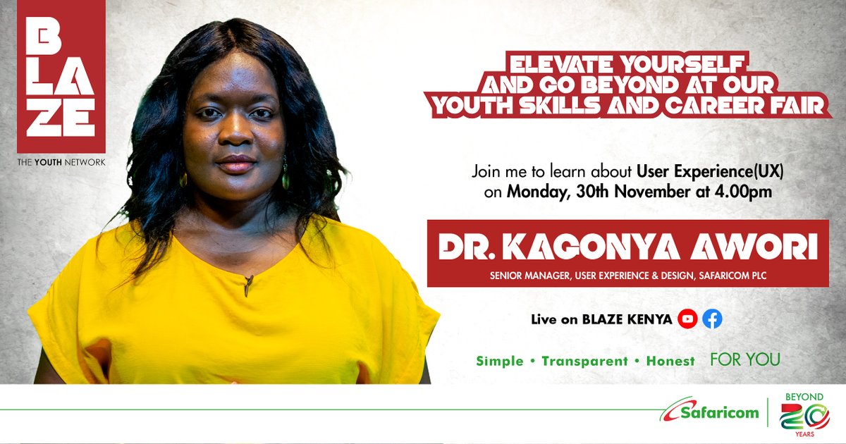 SafaricomHook's tweet photo. Join our speakers @aminaabdirabar, Ariel Kaleji, Dr Kagonya Awori &amp; Boniface Mungania  on Monday 30th November and Tuesday 1st December as they speak at our Youth Skills and Career Fair. Get to connect and know how to pursue your area of passion #BLAZECareerfair #TwendeTukiuke https://t.co/8Ryop5gFaz