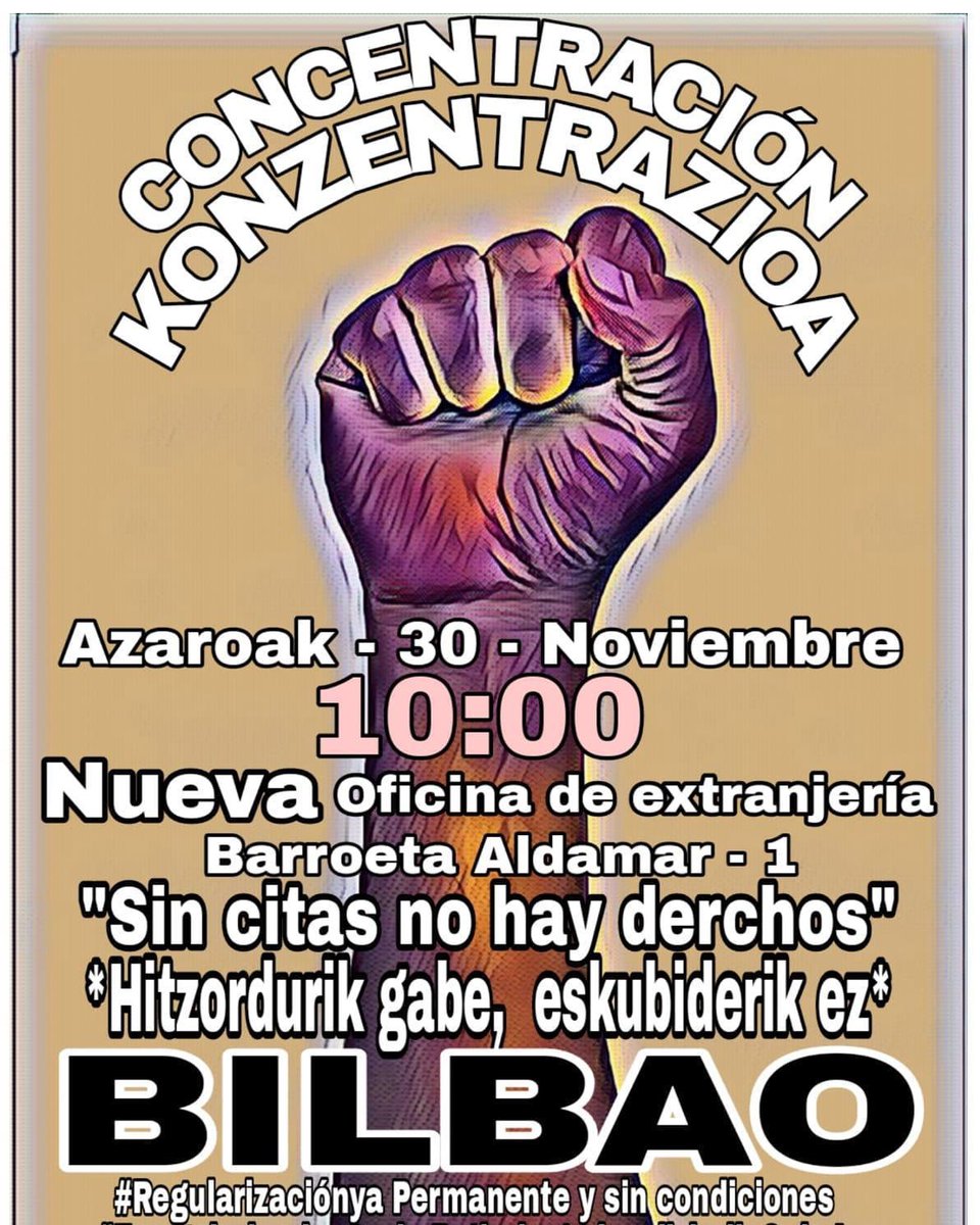 🗣HITZORDURIK GABE ESKUBIDERIK EZ!

📣 SIN CITAS NO HAY DERECHOS!

📆Azaroak 30 de Noviembre 
📍Nueva oficina de extranjería 
⏰ 10.00