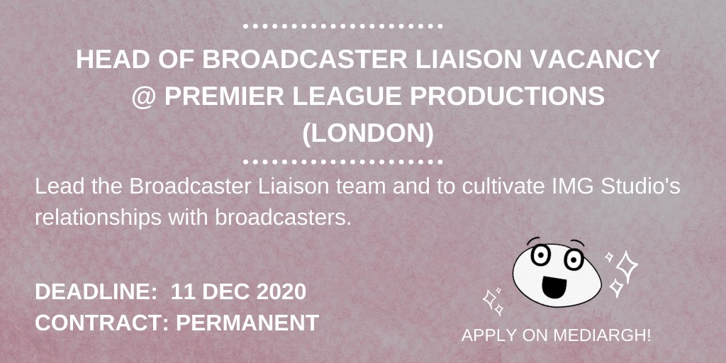 Head of Broadcaster Liaison Vacancy
@ Premier League Productions
(London)

Apply here: bit.ly/3fHfNQI

#Tvjobs #mediajobs #broadcastingjob #seniorjobs #marketingjobs