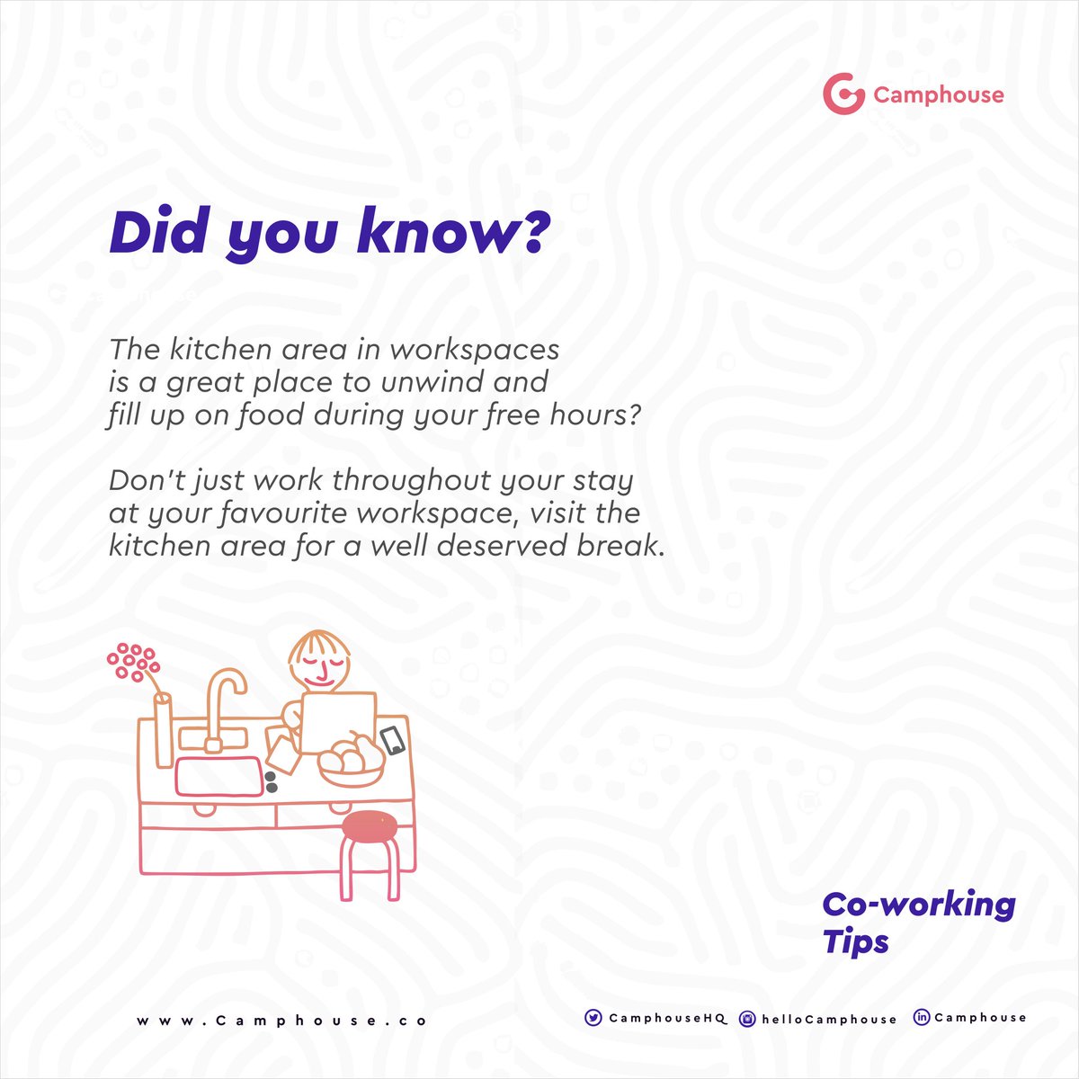camphouseHQ's tweet photo. Our favourite time of the week is here again!.
Take a break from work to explore the kitchen area in your favourite workspace. It's a great way to refuel before continuing the day's task.
#friday #coworkingtips #weekendgoals #camphouse #findworkspaceshere https://t.co/jlEvd6xptN