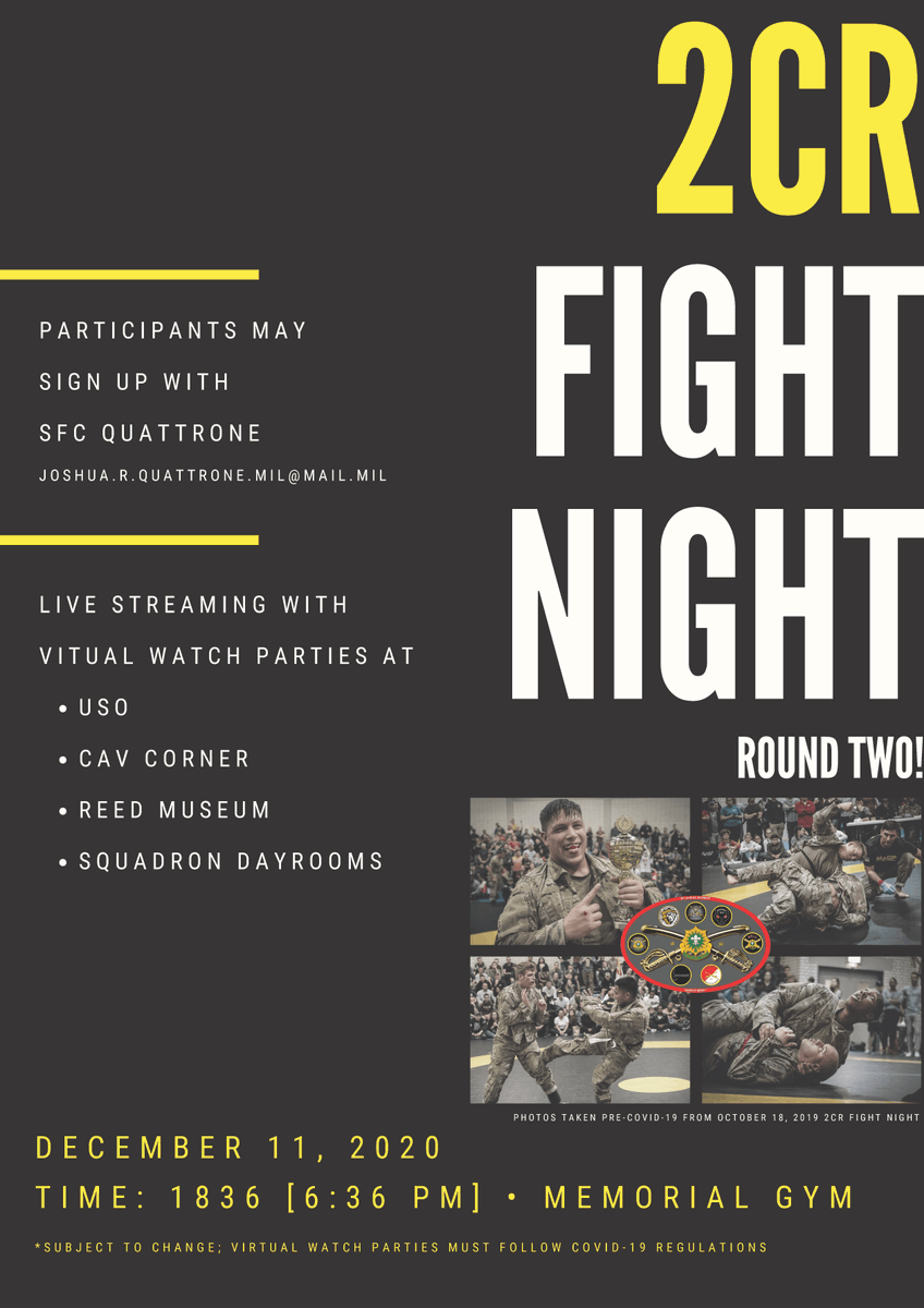 2dCavalryRegt's tweet photo. #FightDragoonFriday | Round 2! Fight! Dragoons, be sure to tune on Dec. 11th at 1836 for our virtual live streaming of 2CR Fight Night. The event will include virtual watch parties at the USO, Cav Corner, Reed Museum and dayrooms.
#WeKillTanksπ #Train2Winπ #StrongEuropeπͺ https://t.co/iwnUxbThoS