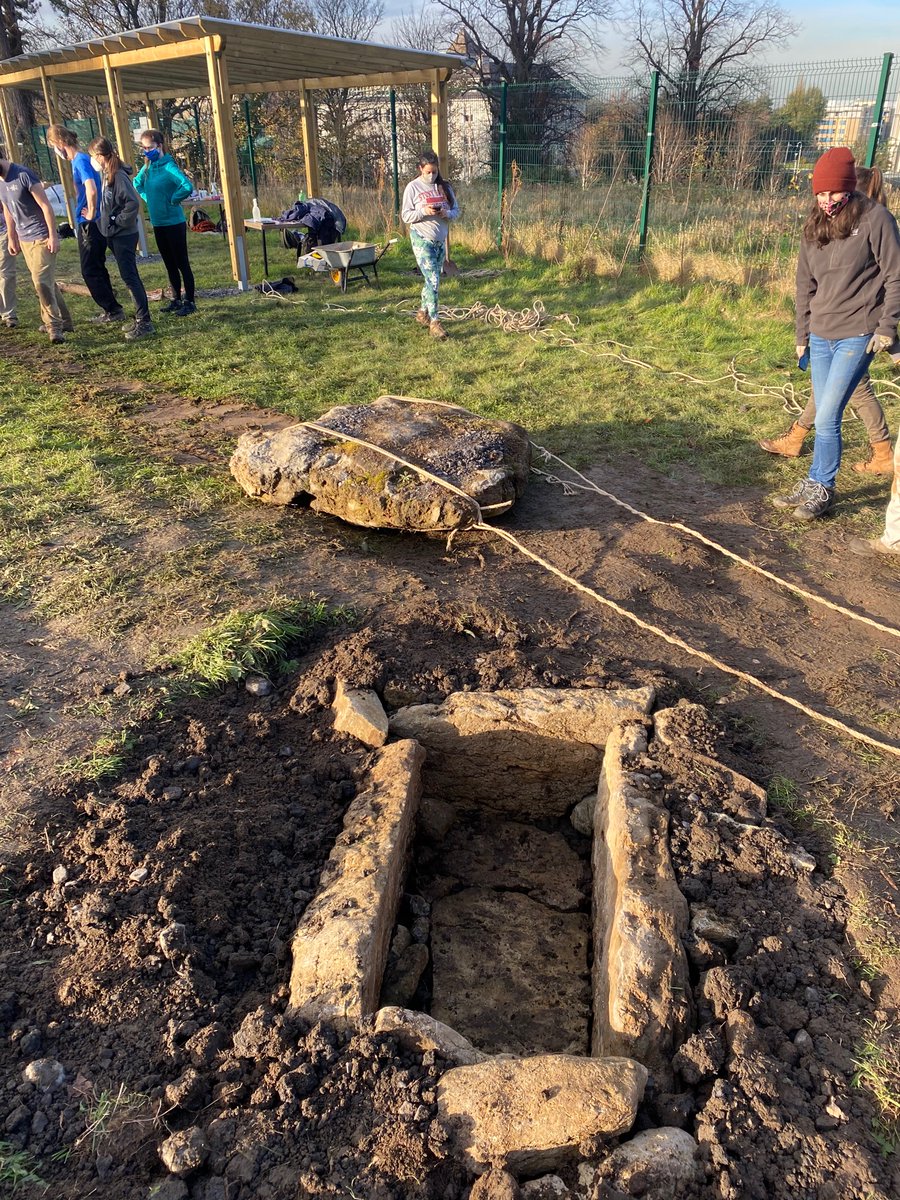 AidanOSulliva15's tweet photo. Moving the capstone for the Early Bronze Age cist from Tevrin, Co Westmeath which has been reconstructed at UCD Centre for Experimental Archaeology &amp; Material Culture  - with its own replica pot placed inside. Thanks to 
@westmeathcoco
@TIINews https://t.co/HyL7jUgdsD