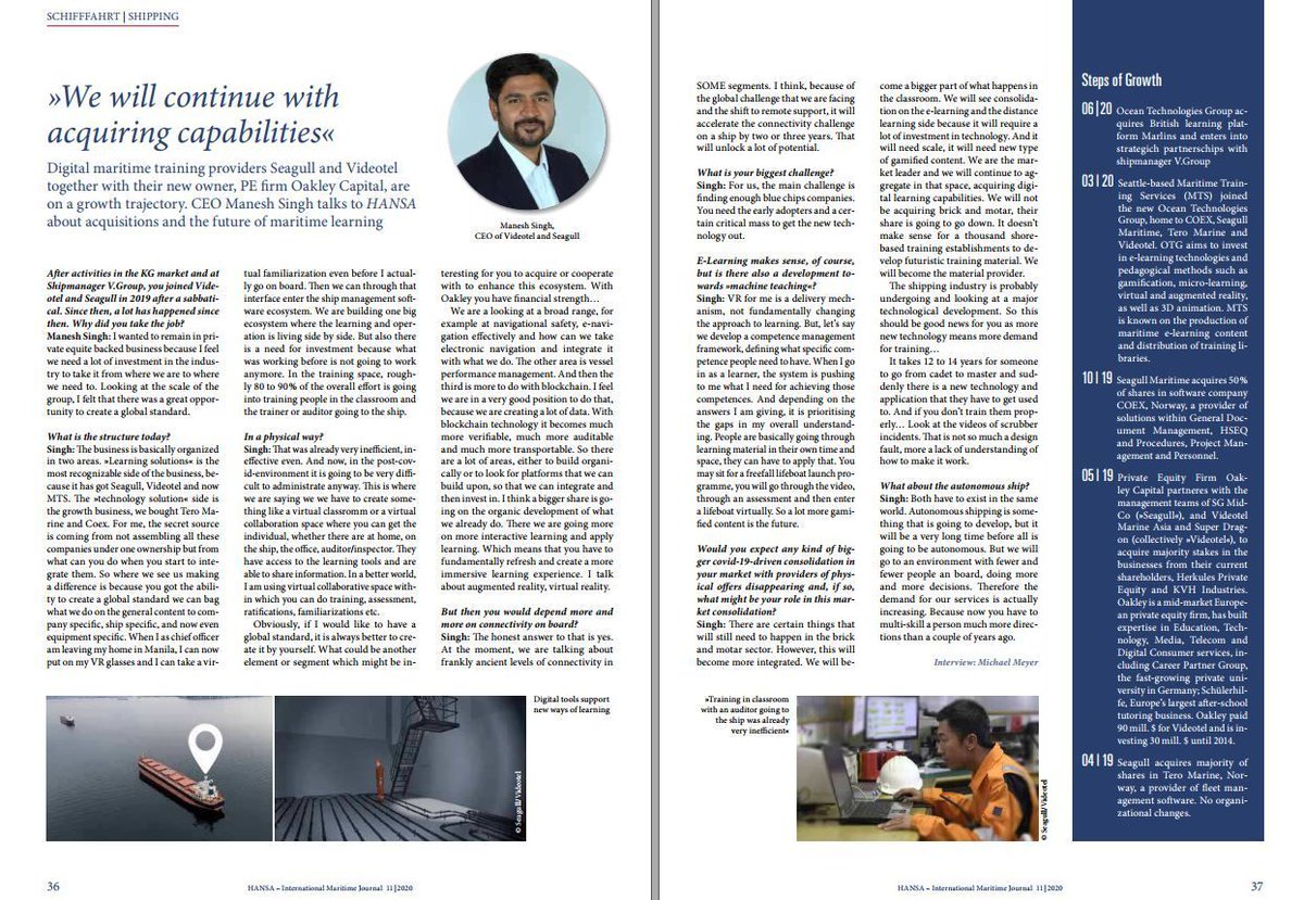 Make sure you read the November 2020 edition of #HANSA International Maritime Journal to learn what our CEO Manish Singh has to say about how Ocean Technologies Group has evolved and what the #future of #maritime #learning has in store for our #seafarers and #ship operators https://t.co/2Kc97xopF5
