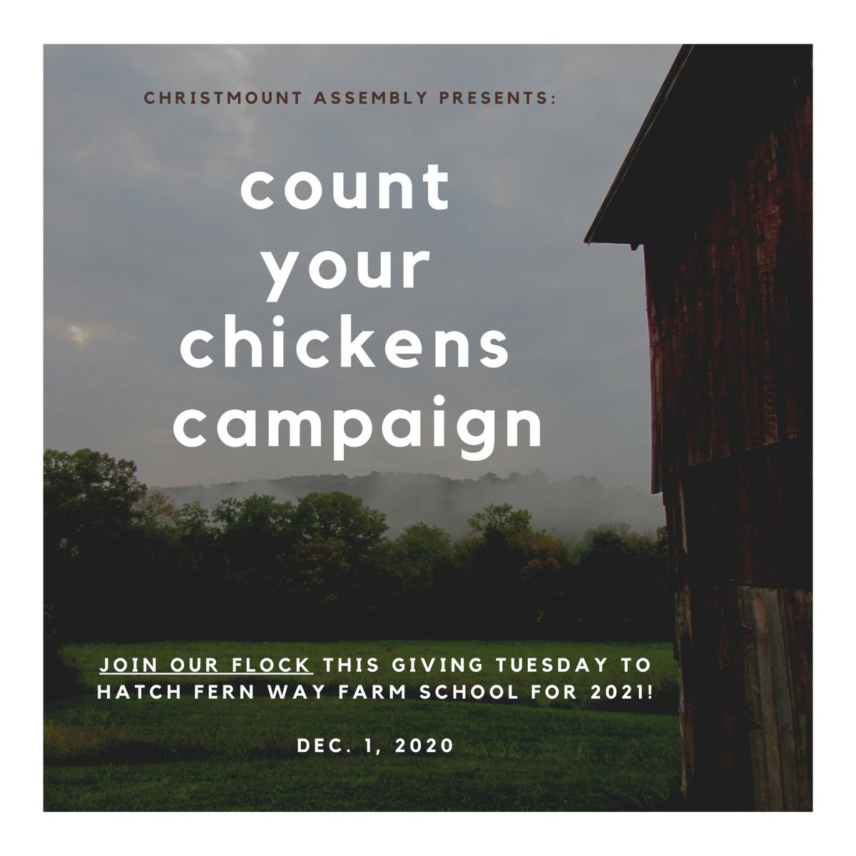 christmountDOC's tweet photo. I know we're a little early, but #GivingTuesday is the nonprofit cousin of Black Friday, and why should Friday get all the love? Christmount is excited to announce the #countyourchickens campaign as we get ready to hatch Fern Way Farm School! 
https://t.co/RkaGoiUU4y https://t.co/pgpnk53IQ9
