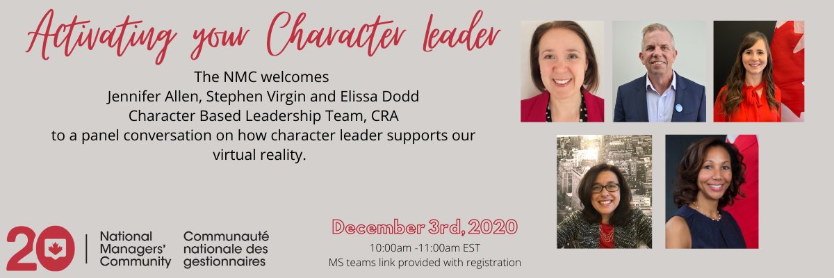 NMC_CNG's tweet photo. December 3, the @NMC_CNG #Ontario welcomes Stephen Virgin, Director, Character Based Leadership @CanRevAgency and his team to talk about how your leader character can support you while navigating virtually. Details &amp; registration can be found on GcConnex: https://t.co/aJyHmxpYgN https://t.co/JLtcSHUeEw