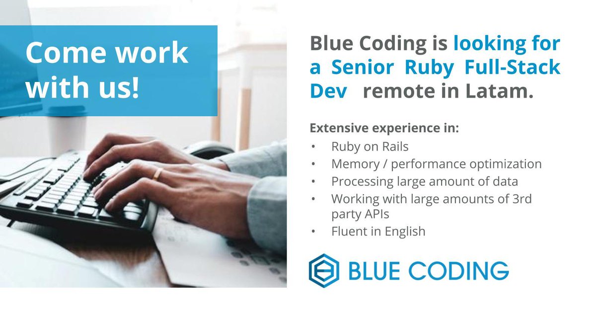 BlueCodingLLC's tweet image. We're looking for senior full-stack Ruby developers to join our team in Latam. Apply today! bit.ly/2V7q7YM
- Salary in USD
- Fully remote
- Long-term opportunity.
#ruby #rubydevs #remotejobs #rordeveloper #rubyonrails #rubydeveloper
