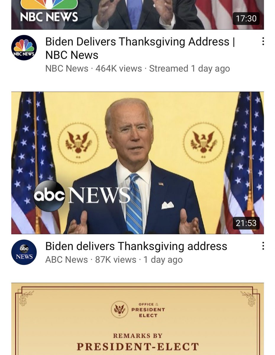 The exact claim in this OANN "report" is, of course, a lie. Everyone search Biden + Thanksgiving on YouTube and see all the view counts. It's more than a bit ironic, since OANN is not rated by Nielsen (which signals a small audience) and is on a YouTube time-out for posting lies.