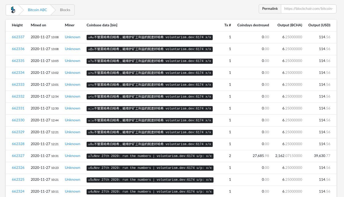New coinbase text:> 不管黑哈希白哈希，能维护矿工利益的就是好哈希  http://voluntarism.dev:6174&nbsp; x/xTranslation:> Regardless of black hash and white hash, what can protect the interests of miners is a good hash