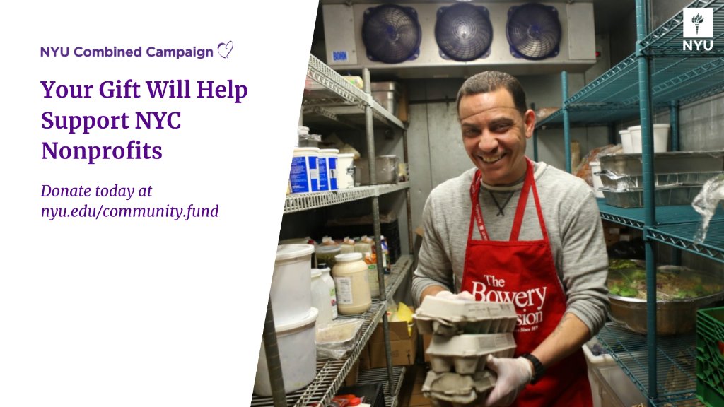 Graphic with text that reads: NYU Combined Campaign. Your Gift Will Help Support NYC Nonprofits. Donate today at http://spr.ly/6015HGsFD