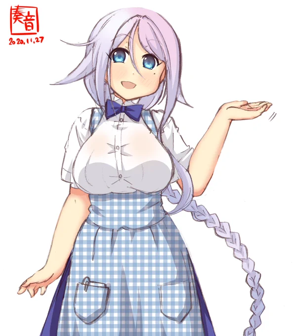 「いらっしゃいませ!
 何名様…4人、ですね。かしこまりました。
 奥のテーブル席へどうぞ!」

#艦これ版深夜の真剣お絵描き60分一本勝負
#艦これ版真剣お絵描き60分一本勝負_20201127
#海風 
