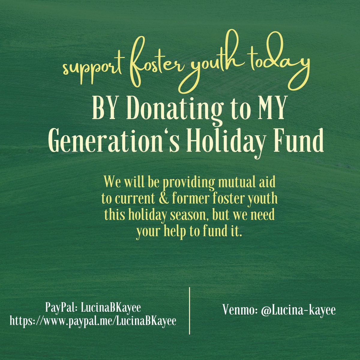 I work with youth in foster care, and right now, we are raising money for our holiday mutual aid fund, which will allow us to redistribute funds to Black foster youth in Minnesota. Please, send any funds to Venmo:  @Lucina-kayee or PayPal: LucinaBKayee  https://www.paypal.me/LucinaBKayee&nbsp;
