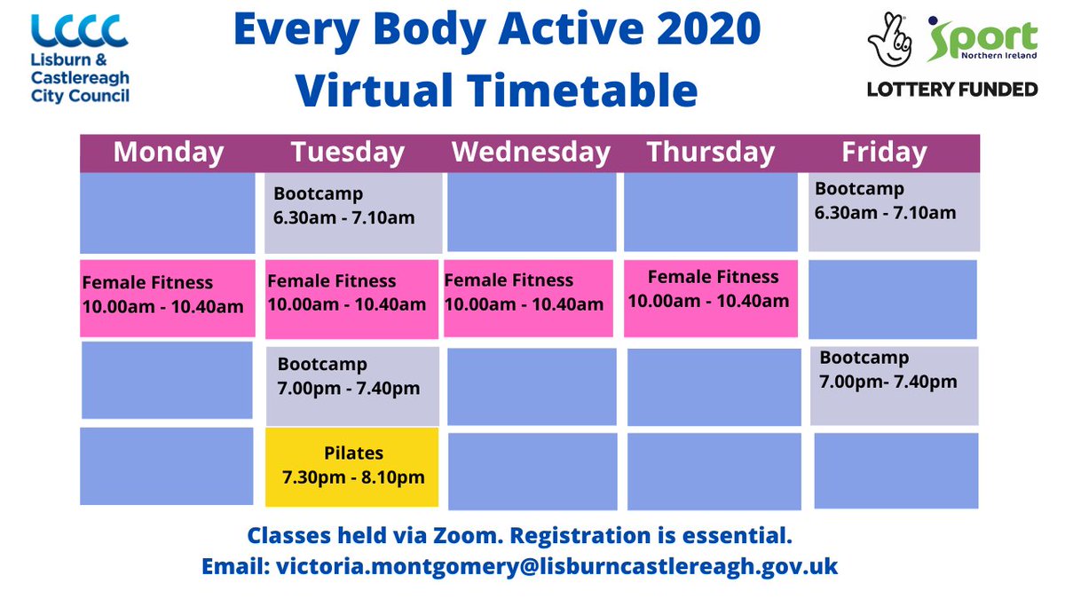 Stay active with Lisburn &amp; Castlereagh City Council's Every Body Active 2020 team! Virtual fitness classes via Zoom. Get involved! For further details visit bit.ly/3mdsViR @SportNINet