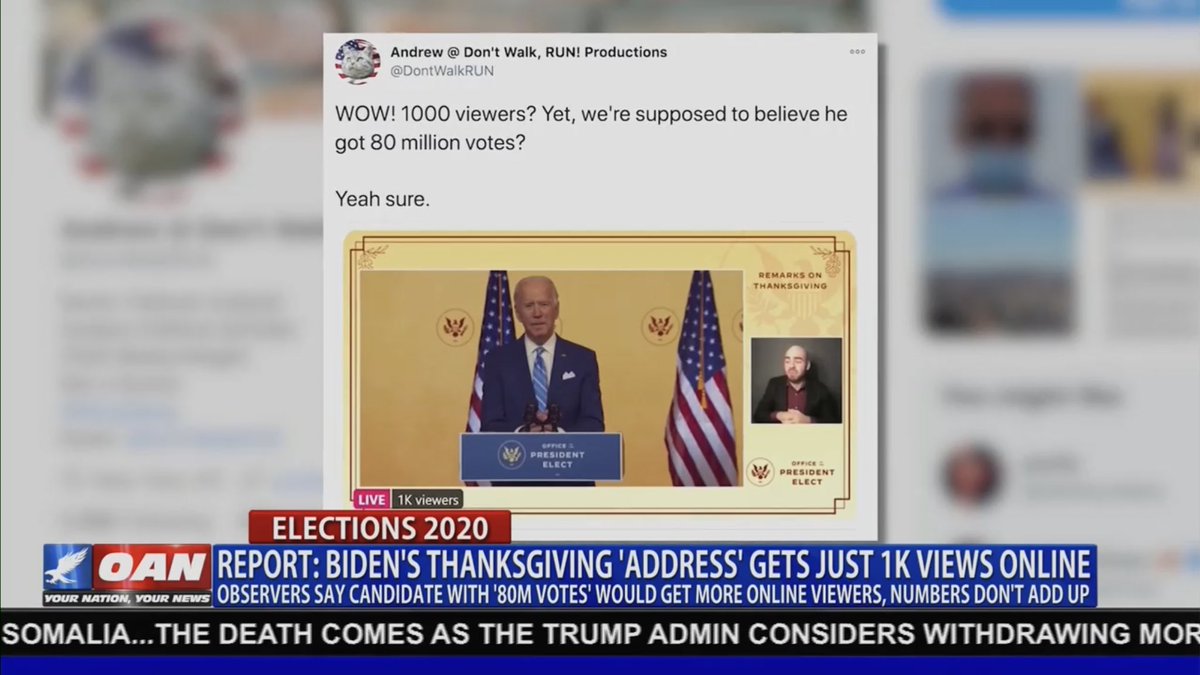It's illogical on so many levels, of course. Biden's speech aired live on all the major networks. It streamed live on dozens of sites. There was no "report" like OANN said. Streams don't equate to votes. Etc etc. Almost no one notices or calls out these lies.