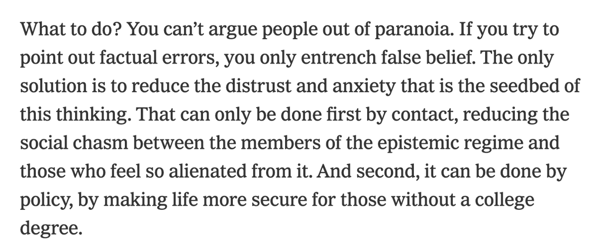 Great column from <a href="/nytdavidbrooks/">David Brooks</a> on America's "epistemological crisis" (from <a href="/jon_rauch/">Now JonRauch on 🦋</a>). Conspiracy theories flourish. You can't argue or reason people out of them. What you can do is...

nytimes.com/2020/11/26/opi…
