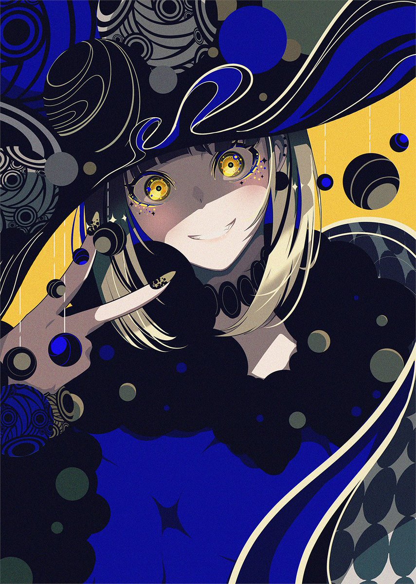 1girl solo yellow eyes hat smile looking at viewer black nails  illustration images