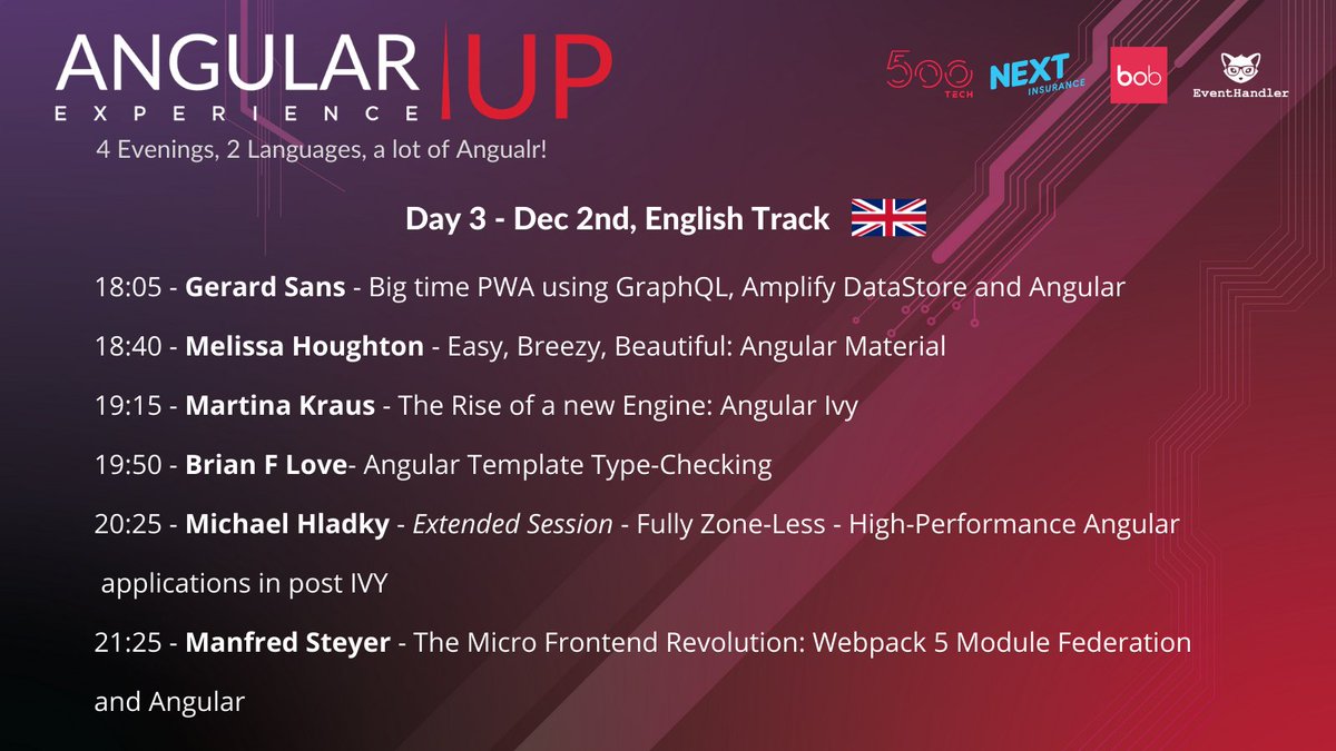 FrontendUPconf's tweet photo. Here's what we have in store for you for the third day of @angularUP Experience for the English Track!
@gerardsans @meliss_houghton @MartinaKraus11 @brian_love @Michael_Hladky @ManfredSteyer
https://t.co/5rJt579P6G https://t.co/RqKMMiB3FB