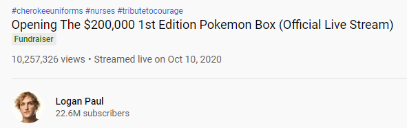 8/n This is largely being driven by youtubers like the insufferable Logan Paul posting about Pokemon cards. A video of him opening Pokemon card packs has >10m views.