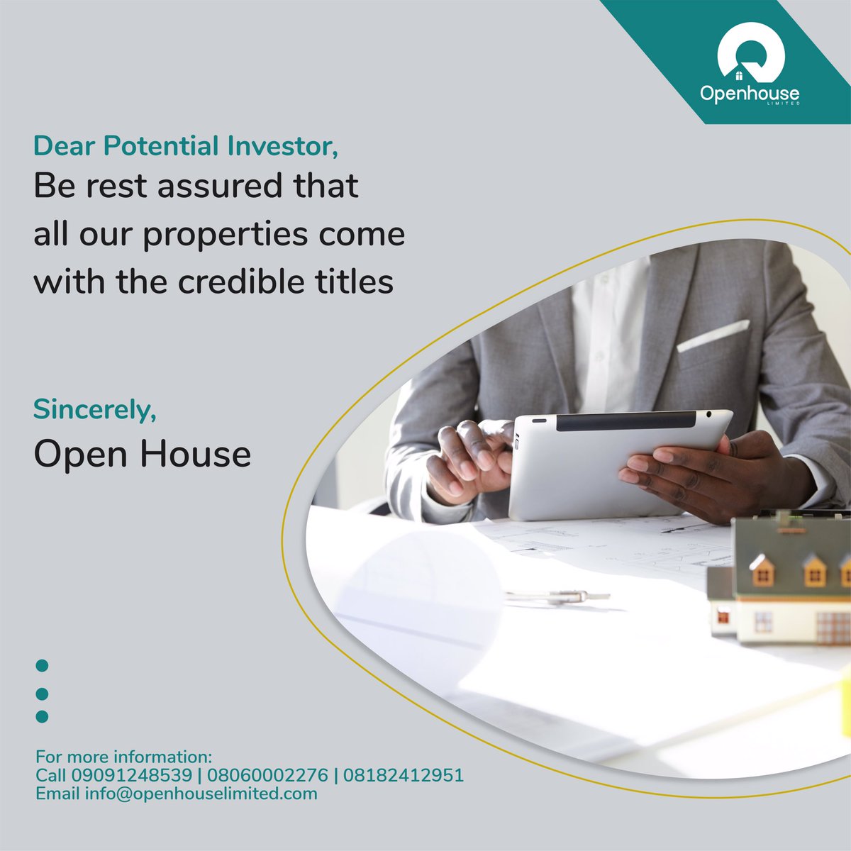 OpenHouseNG's tweet photo. Be rest assured, your investment is safe and secure with us โ
Contact us this weekend to be a step closer to owning your dream home ๐ก
For more โน๏ธ:
๐ฒ 09073808605 / 08060002276
๐ง info@openhouselimited.com
Visit https://t.co/8IfQhbhpZE
#RealEstate #OpenHouseLimited #TGIF https://t.co/NtrgCJYZww