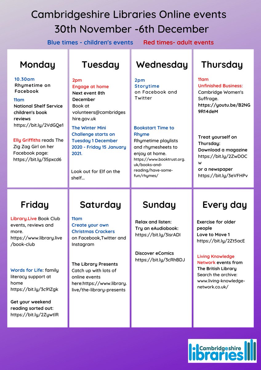 cambslib's tweet photo. Here's our online event timetable for next week - look out for the Winter Mini Challenge, elf on the shelf, Christmas craft and lots more.
https://t.co/ocM2cbrig7
#LibrariesFromHome #LibraryEvents #SomethingToDo https://t.co/qXWvOG7WTO