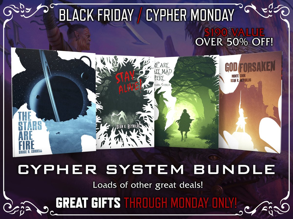 MonteCookGames's tweet photo. Our #BlackFriday and #CypherWeekend sales are here, and there's so much I can't fit it all into one tweet! Get up to 50% off or more on amazing bundles for #Numenera, #CypherSystem, #InvisibleSun, and our 5e content! https://t.co/vc17m96tZF