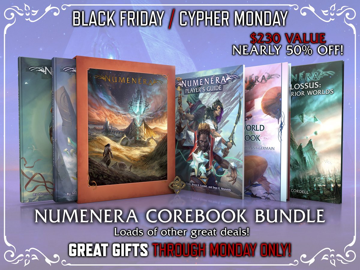 MonteCookGames's tweet photo. Our #BlackFriday and #CypherWeekend sales are here, and there's so much I can't fit it all into one tweet! Get up to 50% off or more on amazing bundles for #Numenera, #CypherSystem, #InvisibleSun, and our 5e content! https://t.co/vc17m96tZF