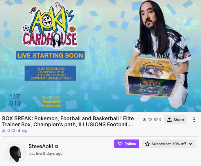 10/n Even Steve Aoki (yes, the DJ) is doing Pokemon card box breaks live on Twitch.